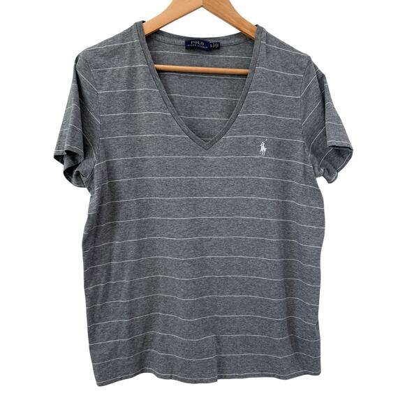 Polo by Ralph Lauren Tops - Polo Ralph Lauren Womens Gray White Striped V-neck Short Sleeve T-Shirt Size XL